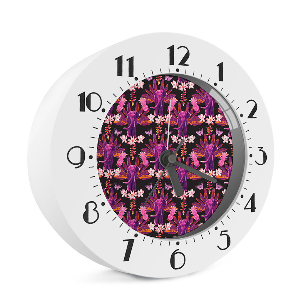 Purple Tropical Elephant Pattern Print Alarm Clock