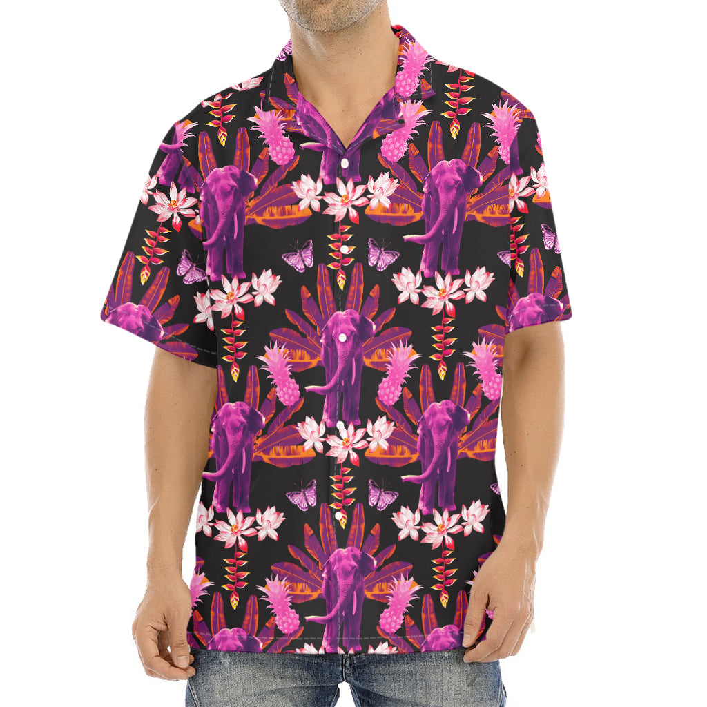 Purple Tropical Elephant Pattern Print Aloha Shirt