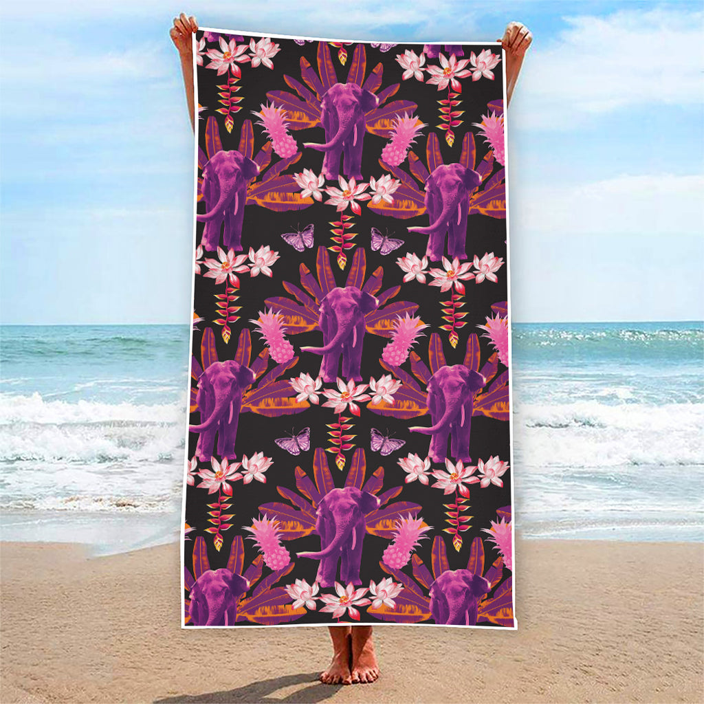 Purple Tropical Elephant Pattern Print Beach Towel