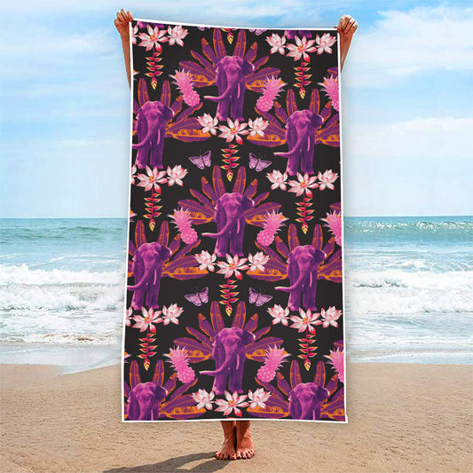Purple Tropical Elephant Pattern Print Beach Towel