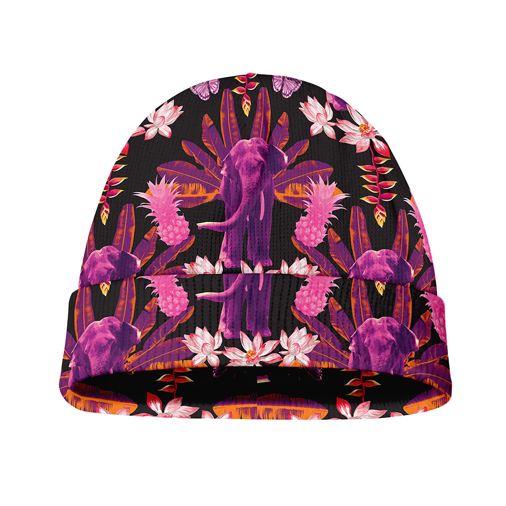 Purple Tropical Elephant Pattern Print Beanie