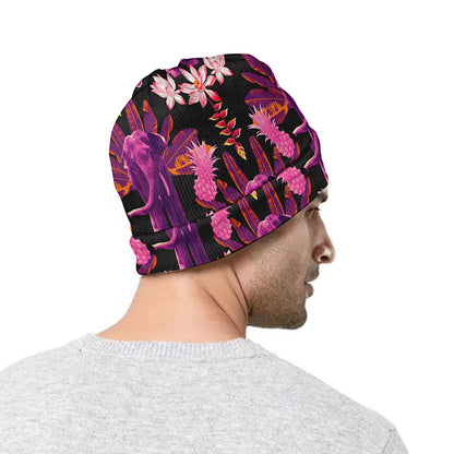 Purple Tropical Elephant Pattern Print Beanie