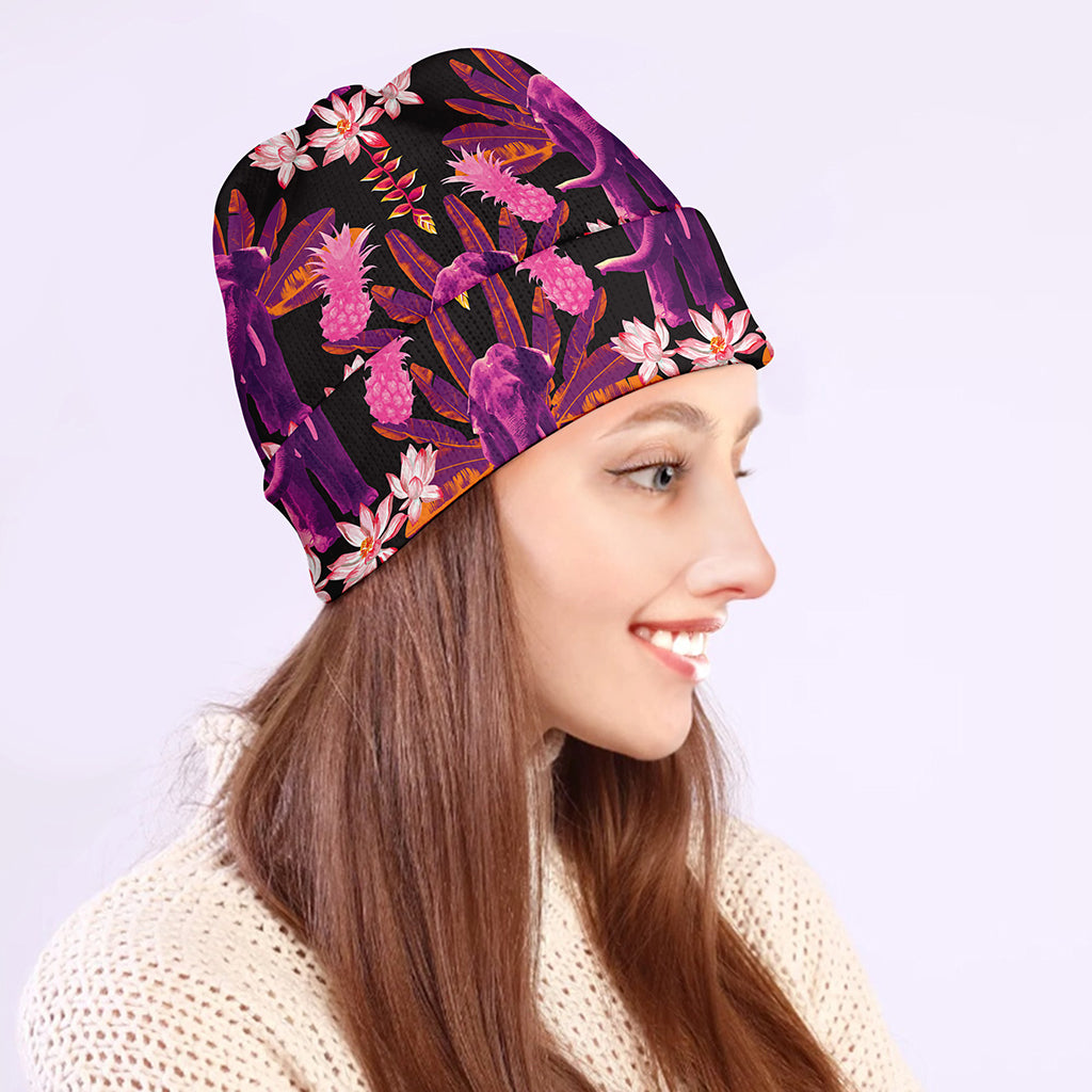 Purple Tropical Elephant Pattern Print Beanie