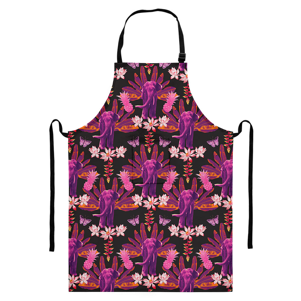 Purple Tropical Elephant Pattern Print Bib Apron With Pocket