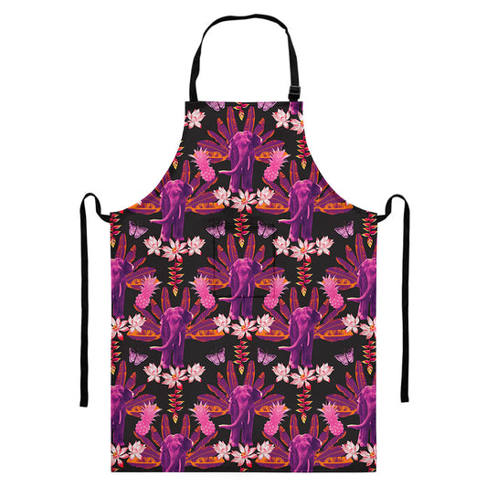 Purple Tropical Elephant Pattern Print Bib Apron With Pocket