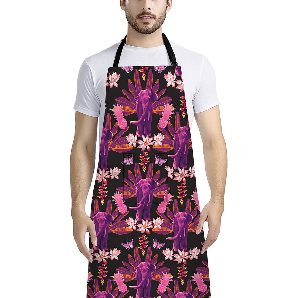 Purple Tropical Elephant Pattern Print Bib Apron With Pocket