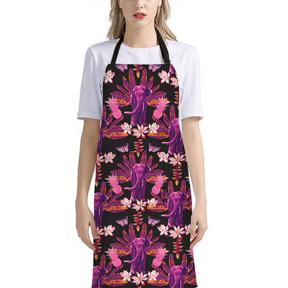 Purple Tropical Elephant Pattern Print Bib Apron With Pocket