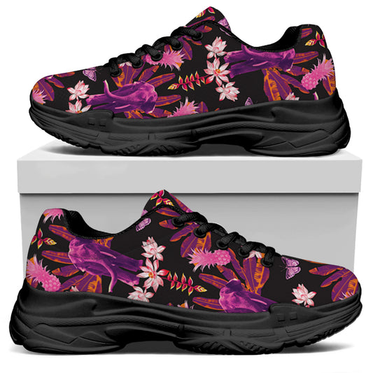 Purple Tropical Elephant Pattern Print Black Chunky Shoes