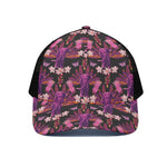 Purple Tropical Elephant Pattern Print Black Mesh Trucker Cap