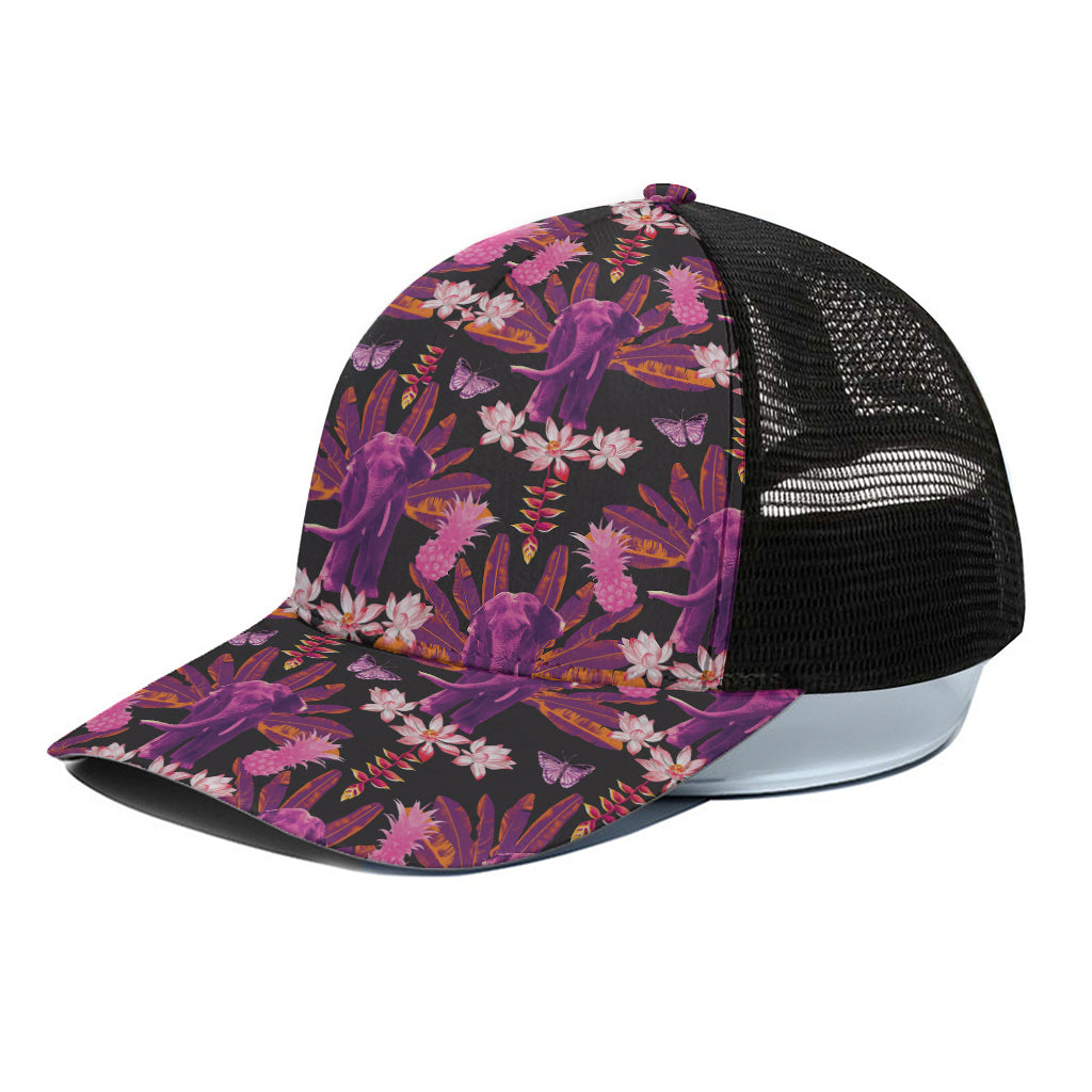 Purple Tropical Elephant Pattern Print Black Mesh Trucker Cap