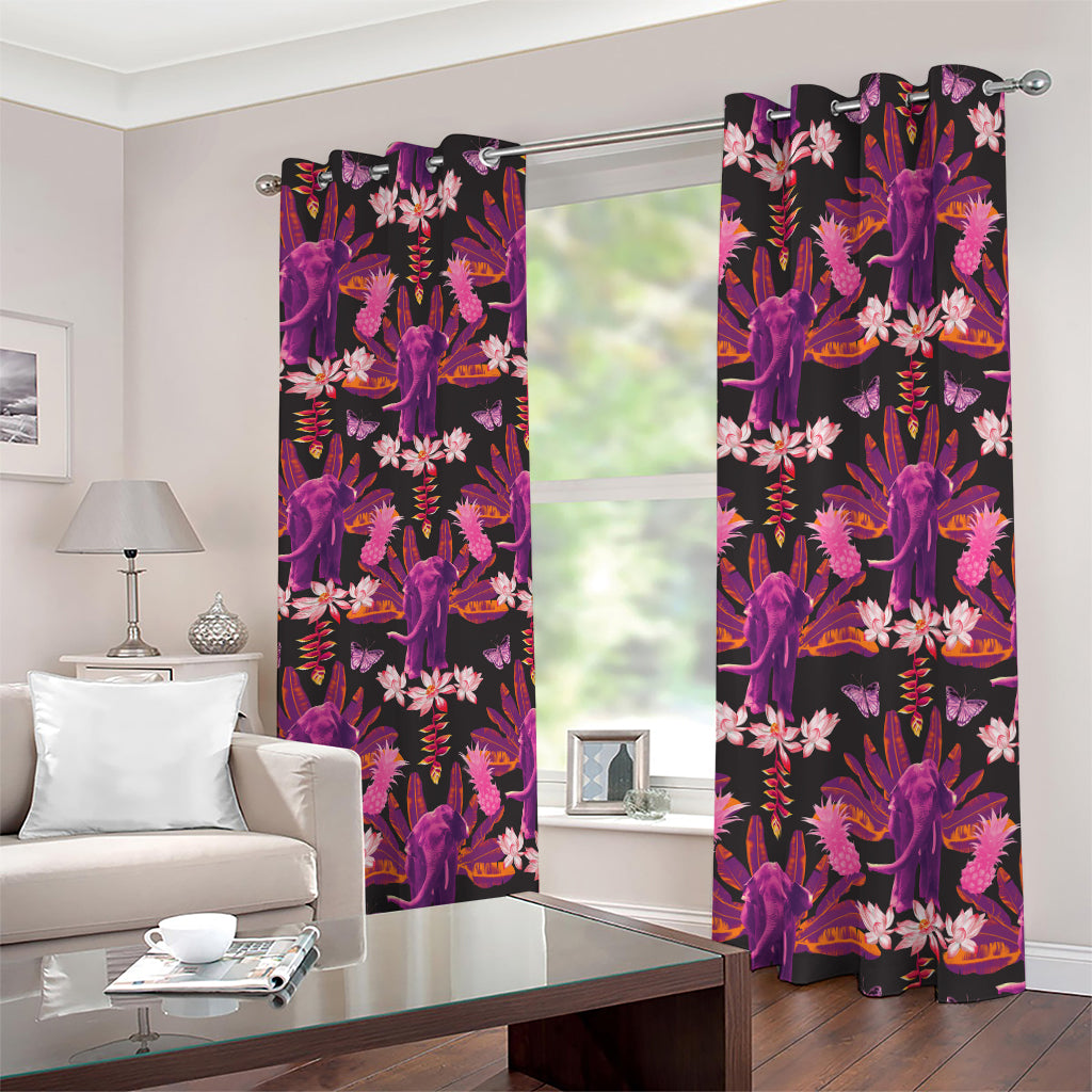 Purple Tropical Elephant Pattern Print Blackout Grommet Curtains