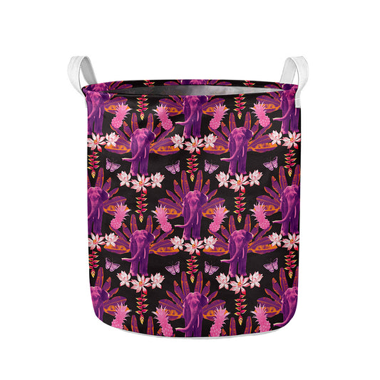 Purple Tropical Elephant Pattern Print Collapsible Laundry Basket