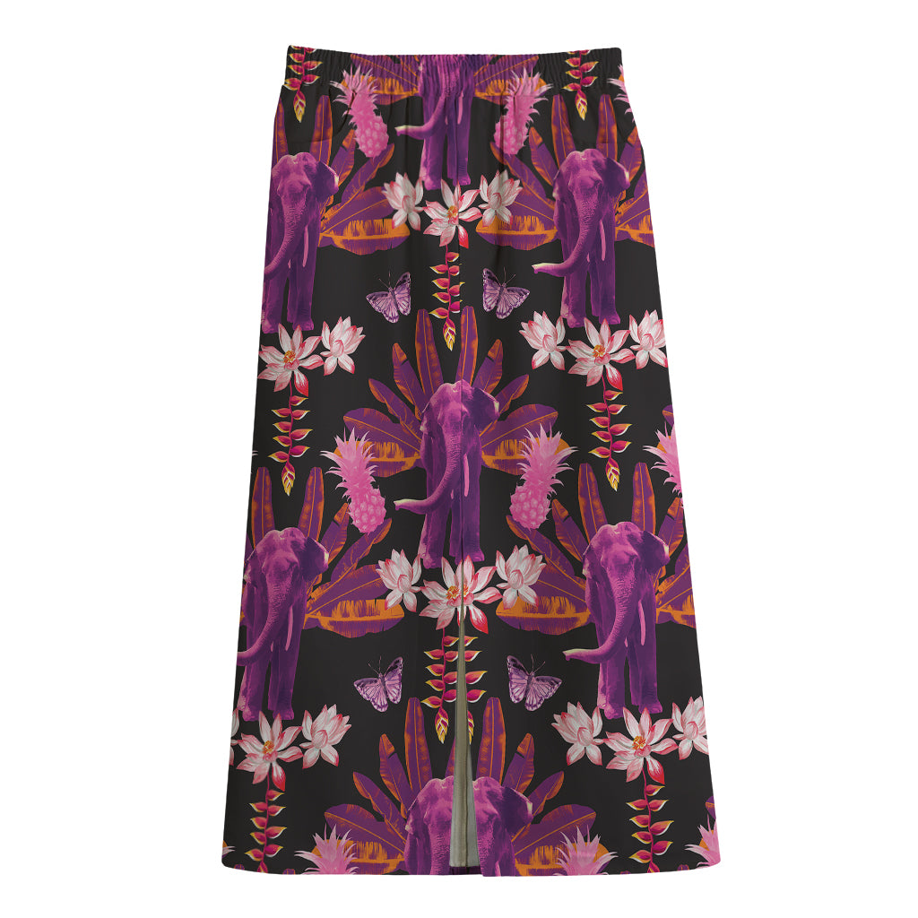 Purple Tropical Elephant Pattern Print Cotton Front Slit Maxi Skirt