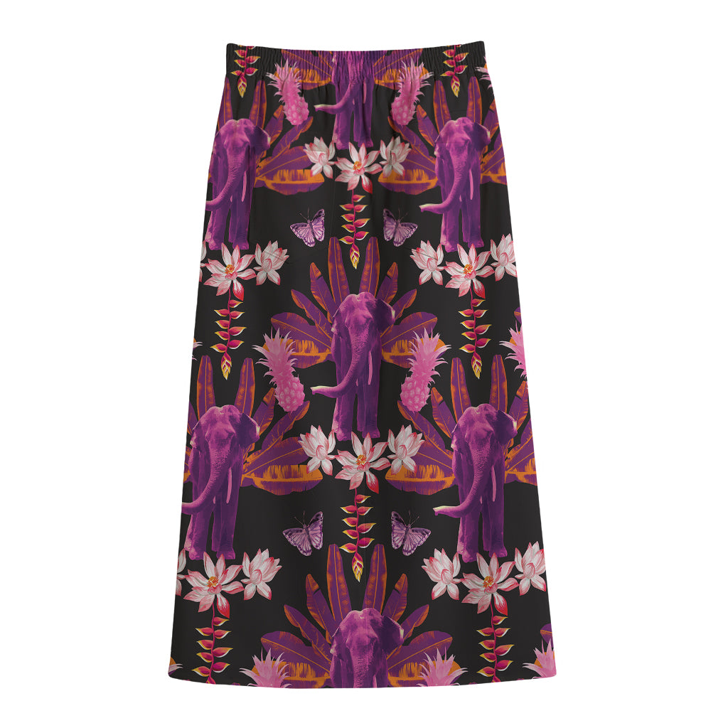 Purple Tropical Elephant Pattern Print Cotton Front Slit Maxi Skirt