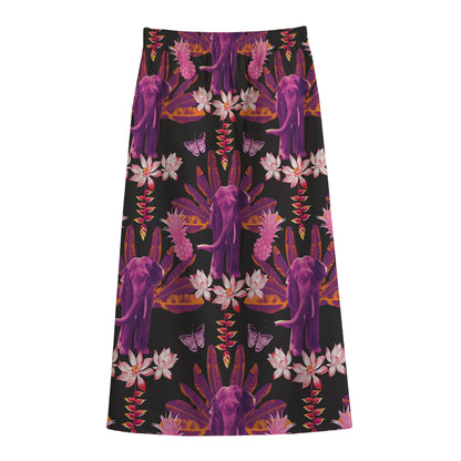Purple Tropical Elephant Pattern Print Cotton Front Slit Maxi Skirt