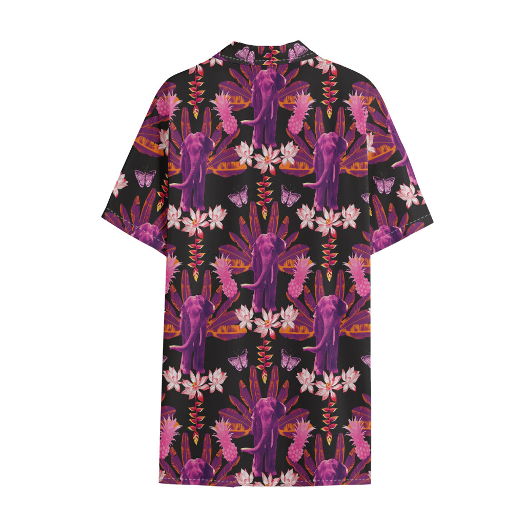 Purple Tropical Elephant Pattern Print Cotton Hawaiian Shirt