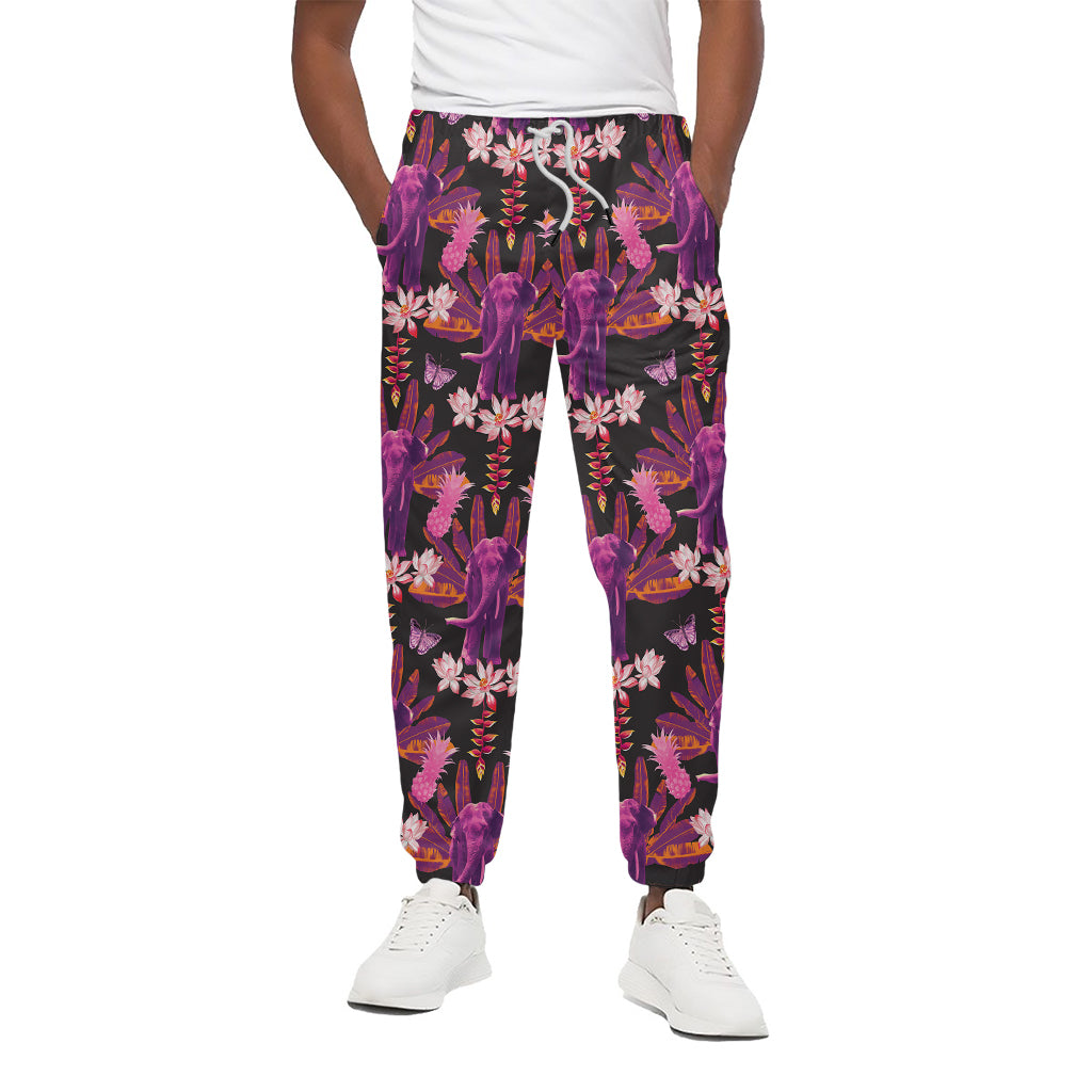 Purple Tropical Elephant Pattern Print Cotton Pants