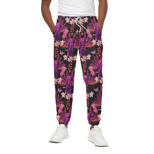 Purple Tropical Elephant Pattern Print Cotton Pants