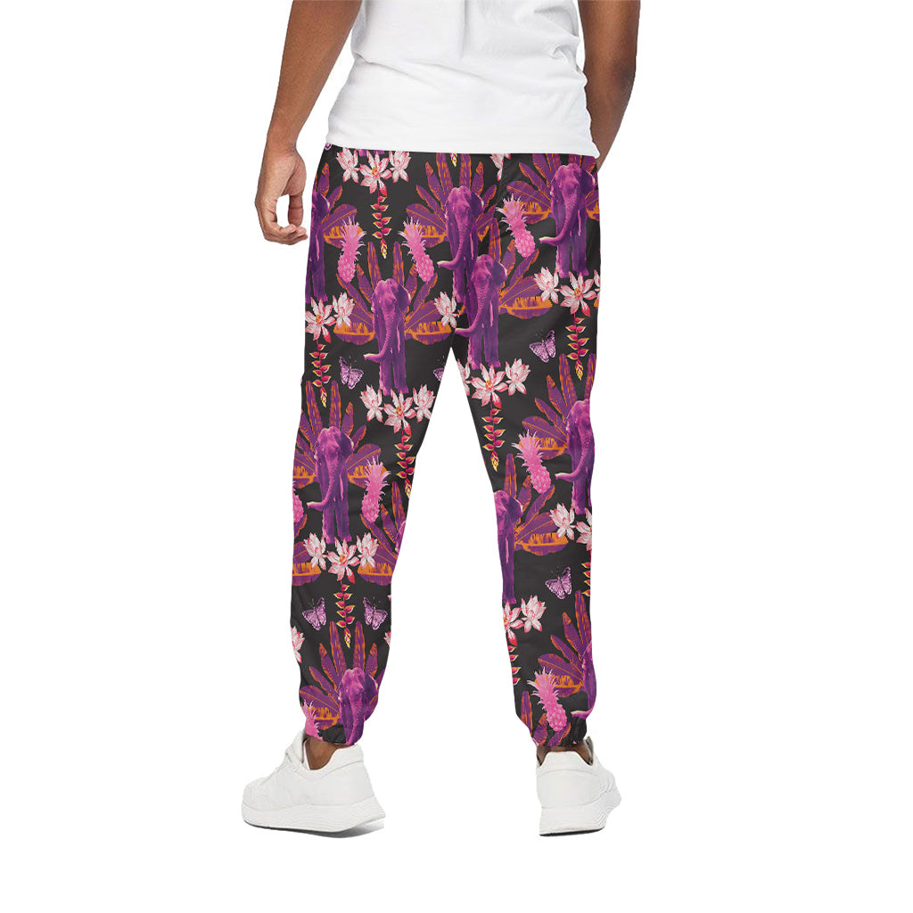 Purple Tropical Elephant Pattern Print Cotton Pants
