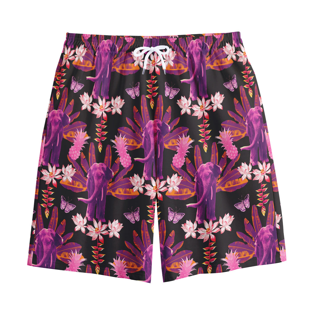 Purple Tropical Elephant Pattern Print Cotton Shorts