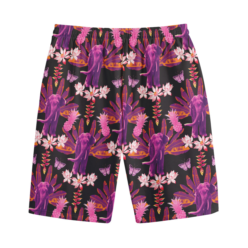 Purple Tropical Elephant Pattern Print Cotton Shorts