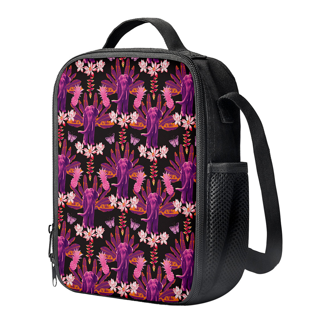 Purple Tropical Elephant Pattern Print Crossbody Lunch Bag