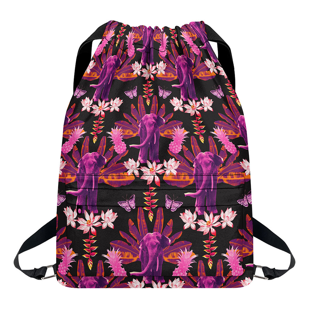 Purple Tropical Elephant Pattern Print Drawstring Backpack