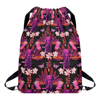 Purple Tropical Elephant Pattern Print Drawstring Backpack