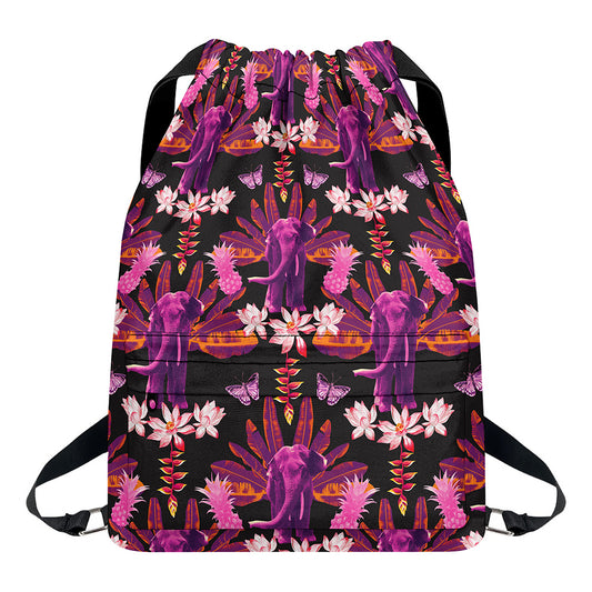 Purple Tropical Elephant Pattern Print Drawstring Backpack