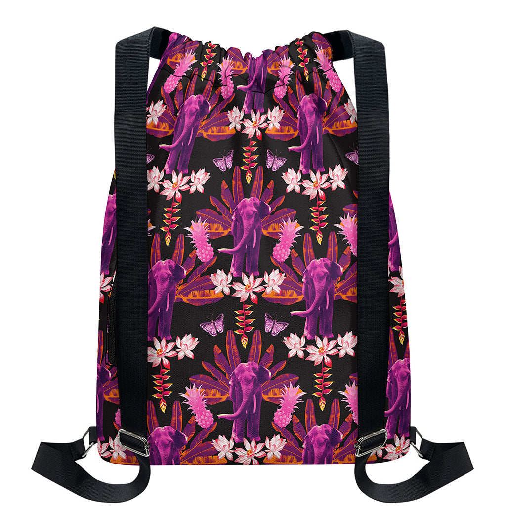 Purple Tropical Elephant Pattern Print Drawstring Backpack