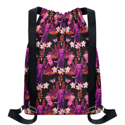Purple Tropical Elephant Pattern Print Drawstring Backpack