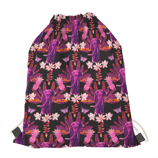 Purple Tropical Elephant Pattern Print Drawstring Bag