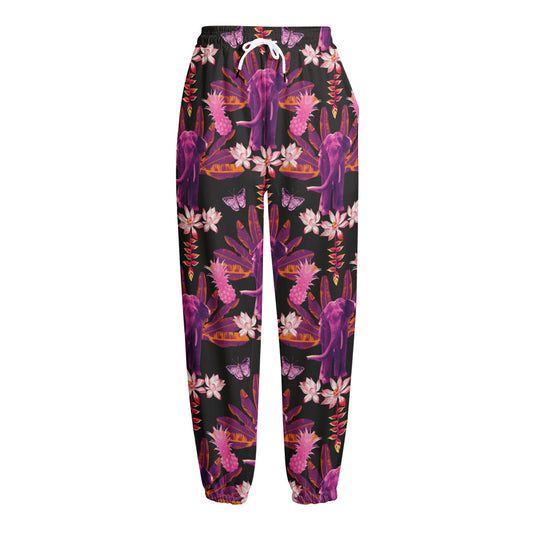 Purple Tropical Elephant Pattern Print Fleece Lined Knit Pants