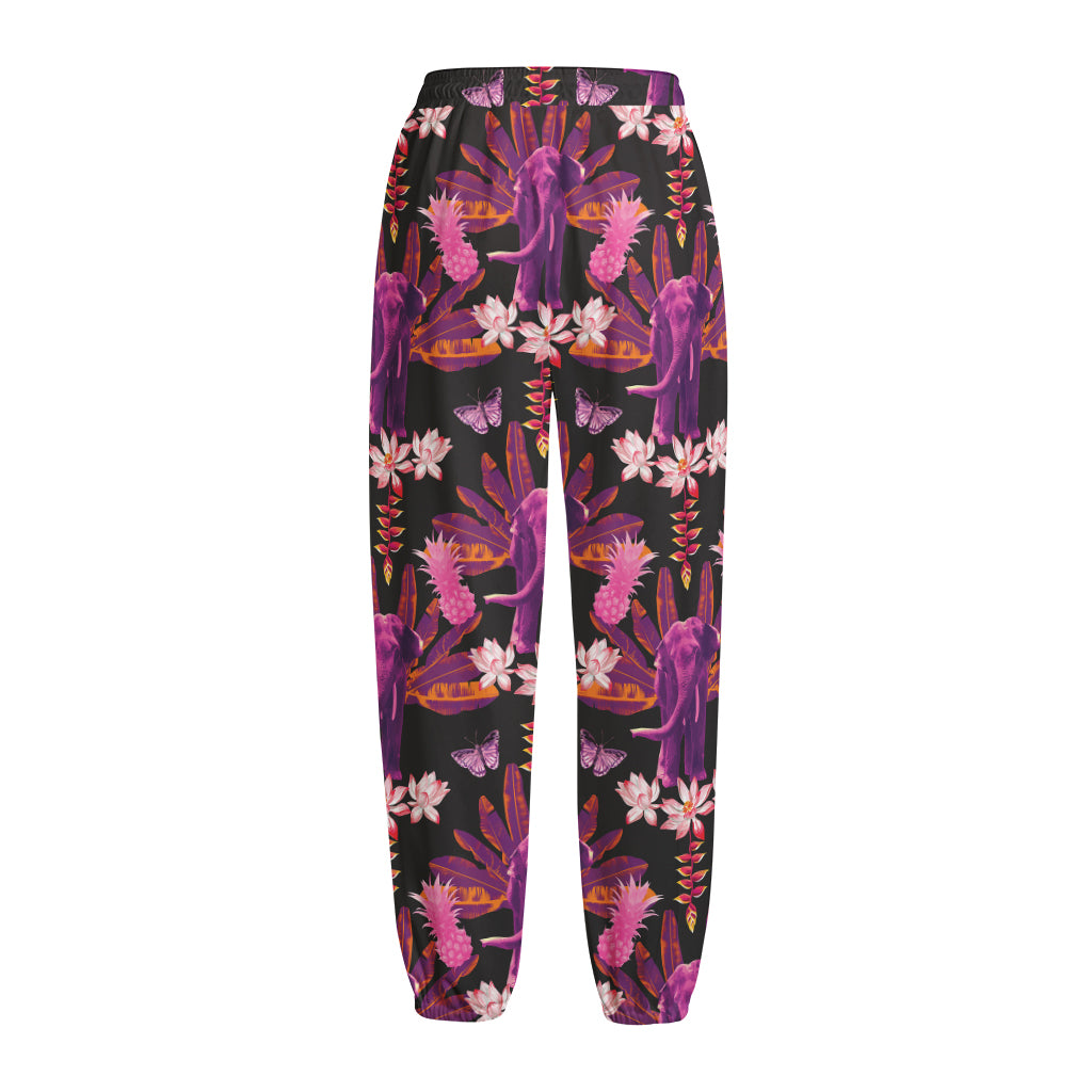 Purple Tropical Elephant Pattern Print Fleece Lined Knit Pants