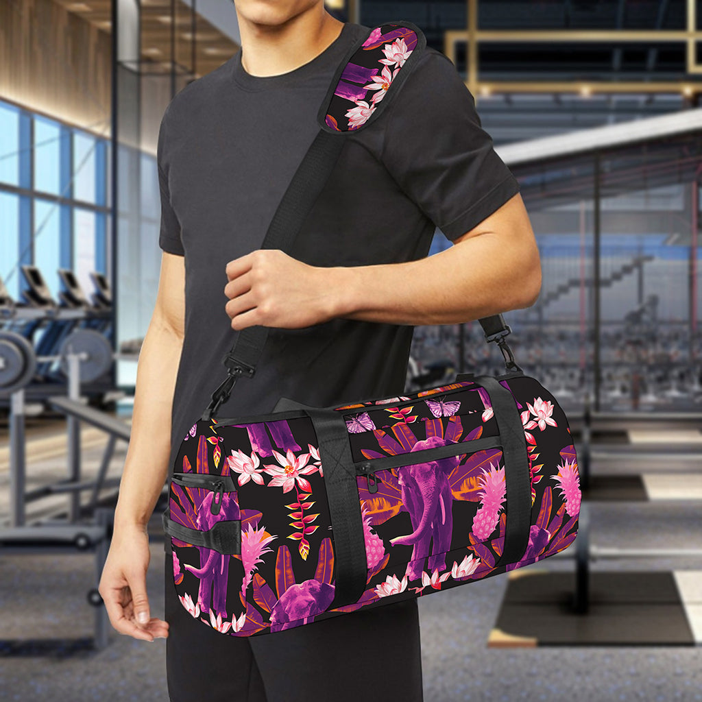 Purple Tropical Elephant Pattern Print Gym Bag