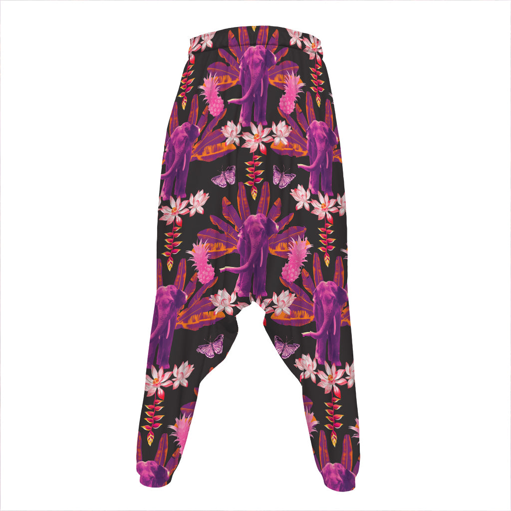 Purple Tropical Elephant Pattern Print Hammer Pants