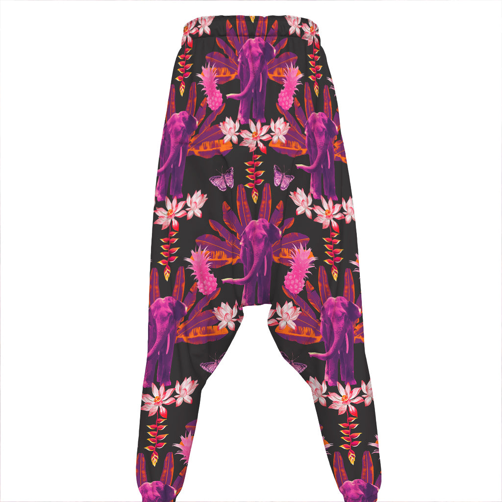 Purple Tropical Elephant Pattern Print Hammer Pants
