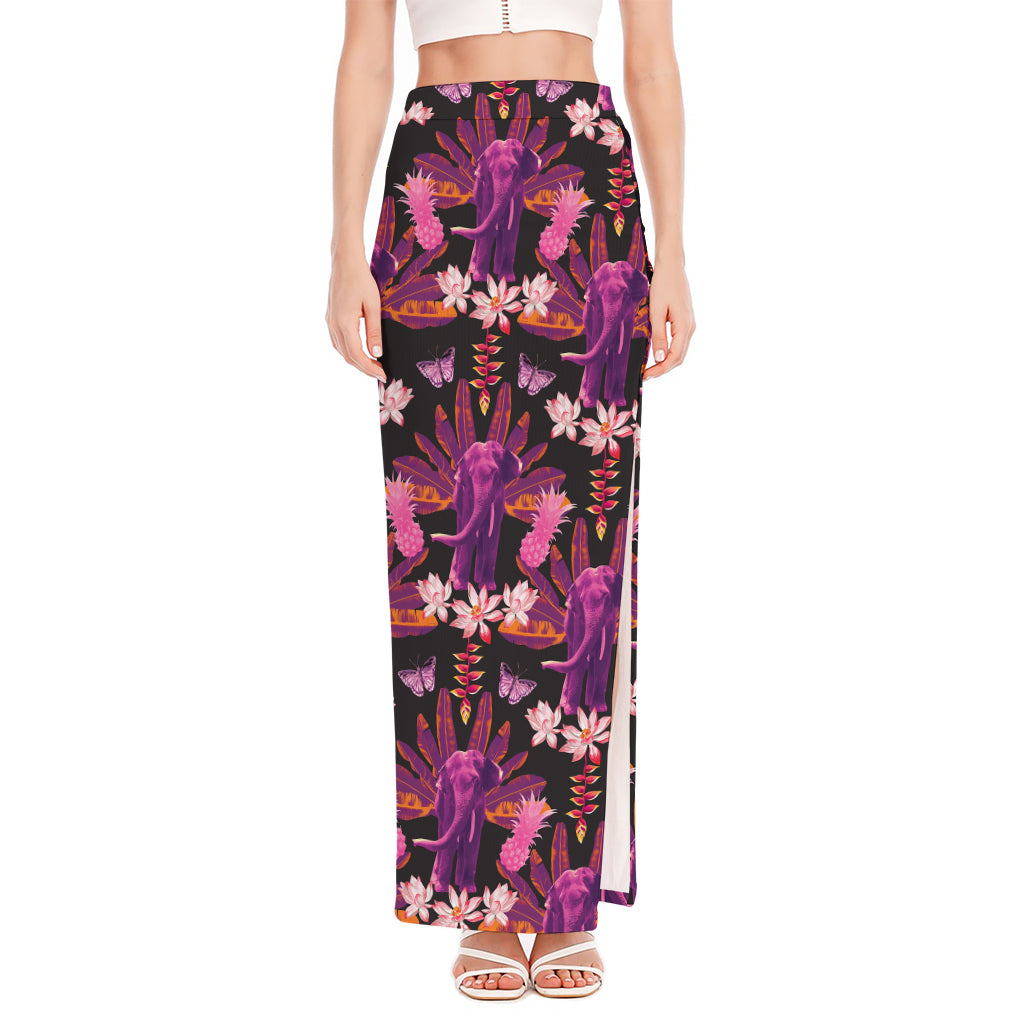 Purple Tropical Elephant Pattern Print High Slit Maxi Skirt