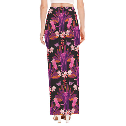Purple Tropical Elephant Pattern Print High Slit Maxi Skirt