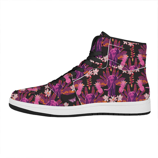 Purple Tropical Elephant Pattern Print High Top Leather Sneakers