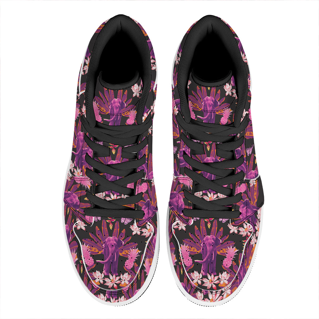 Purple Tropical Elephant Pattern Print High Top Leather Sneakers