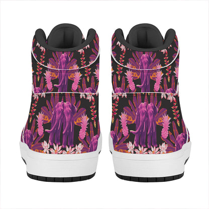 Purple Tropical Elephant Pattern Print High Top Leather Sneakers