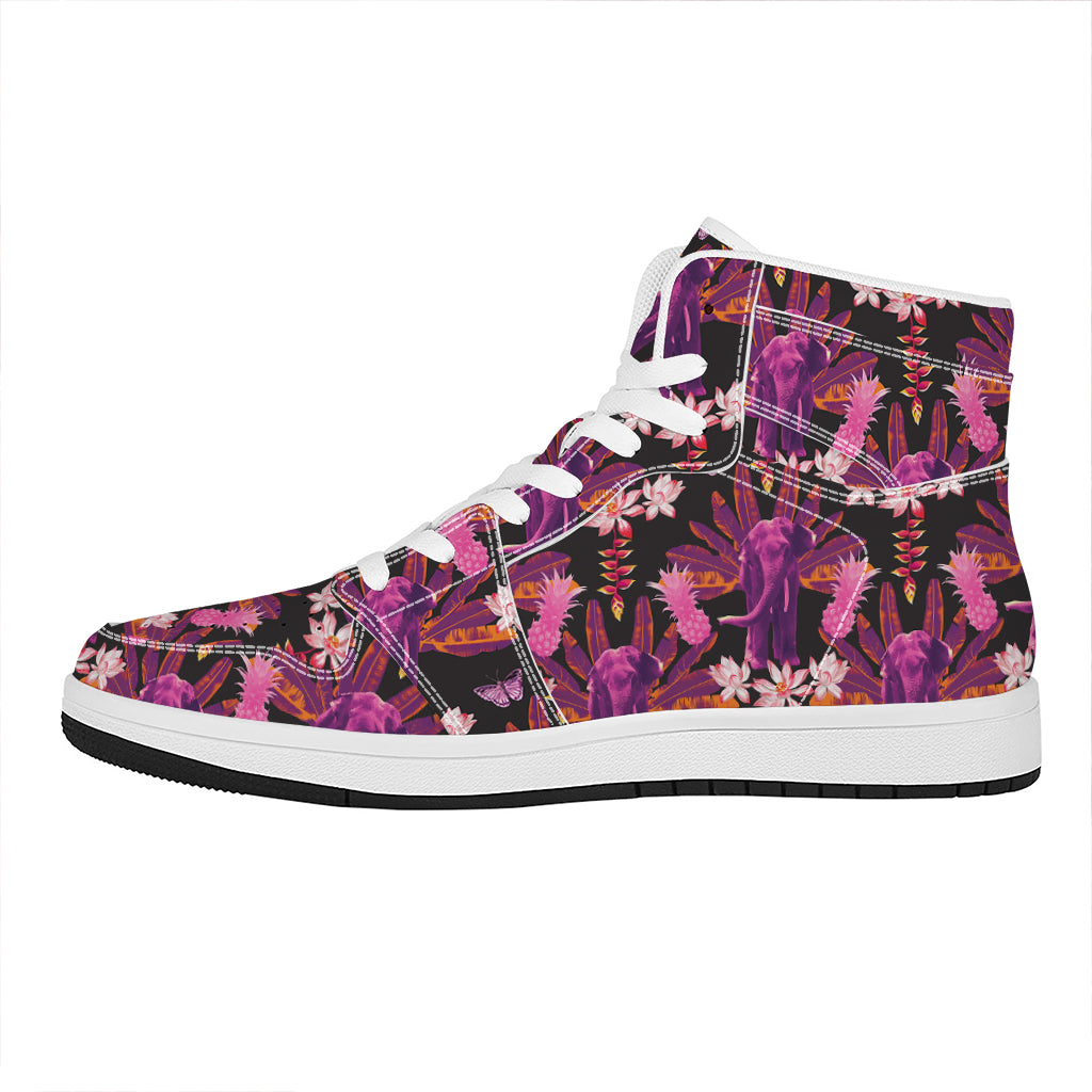 Purple Tropical Elephant Pattern Print High Top Leather Sneakers