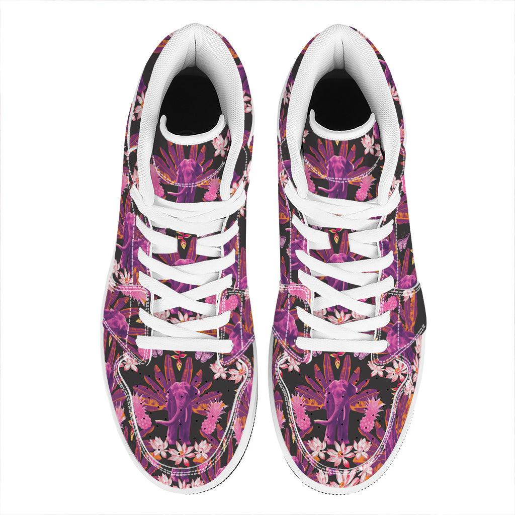 Purple Tropical Elephant Pattern Print High Top Leather Sneakers