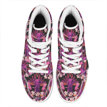 Purple Tropical Elephant Pattern Print High Top Leather Sneakers