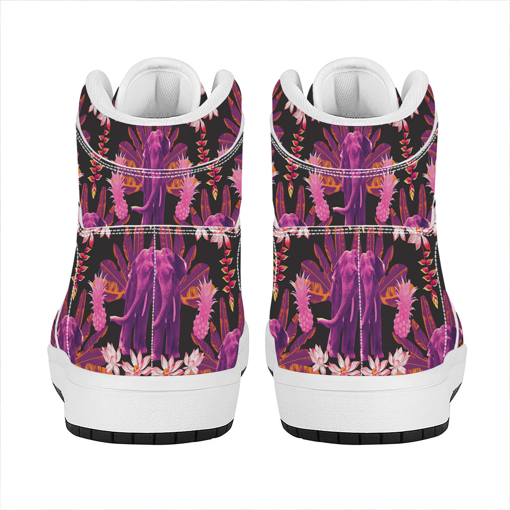 Purple Tropical Elephant Pattern Print High Top Leather Sneakers