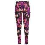 Purple Tropical Elephant Pattern Print High-Waisted Pocket Leggings