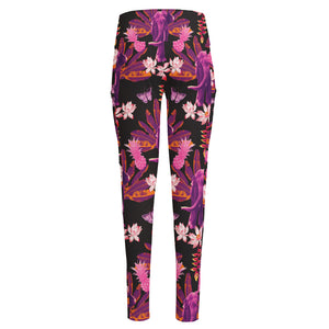 Purple Tropical Elephant Pattern Print High-Waisted Pocket Leggings