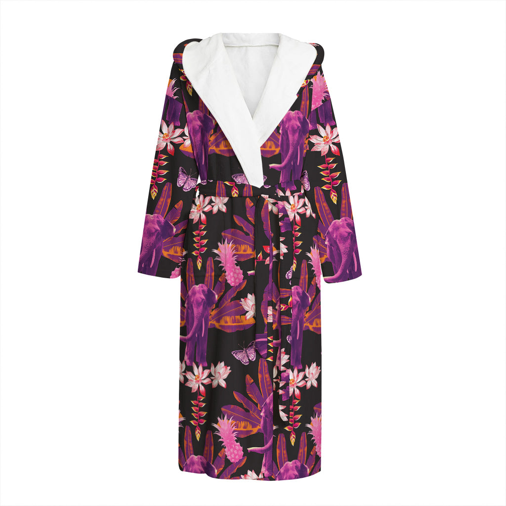 Purple Tropical Elephant Pattern Print Hooded Bathrobe