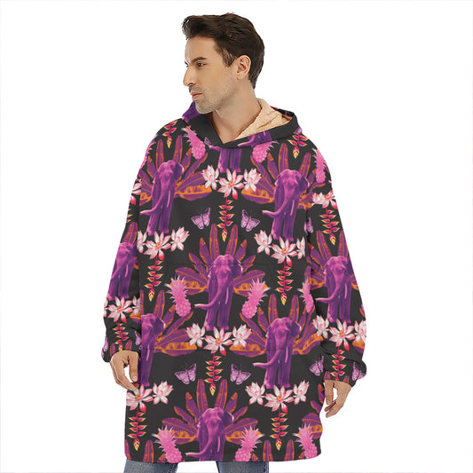 Purple Tropical Elephant Pattern Print Hoodie Blanket